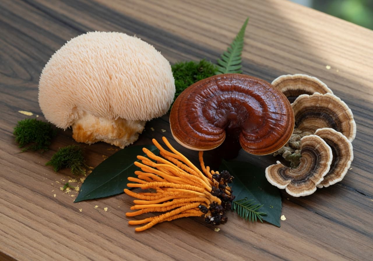 Simple close-up of Lion's Mane, Reishi, Cordyceps and Turkey Tail mushrooms on natural surface
