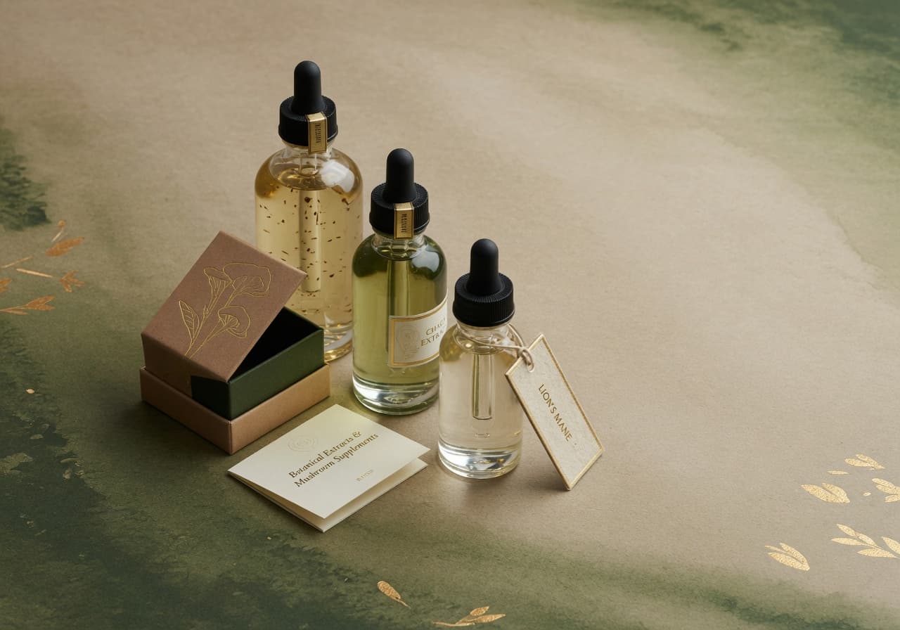 Simple elegant glass bottles and minimalist packaging for botanical and mushroom products