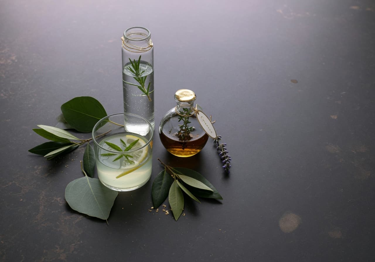 Simple elegant natural still life with botanicals and gold accents representing quality and purity